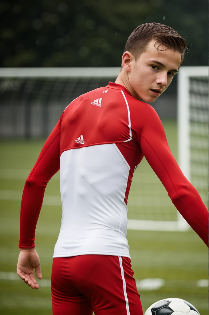 2 Slim 12 year old german soccer boy wearing an extreme tight red wetsuit and white soccer socks in the rain kissing