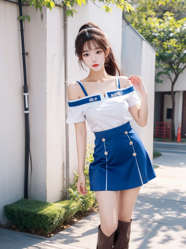 Beautiful woman wearing a blue white Wearing uniform korea style clothes mini dress with decorations on the shirt and visible shoulders and wearing boots and being photographed with a background And was standing in the school yard ,Korean style swag, beautiful face so gorgeous, Beautiful eyes, y2k style,