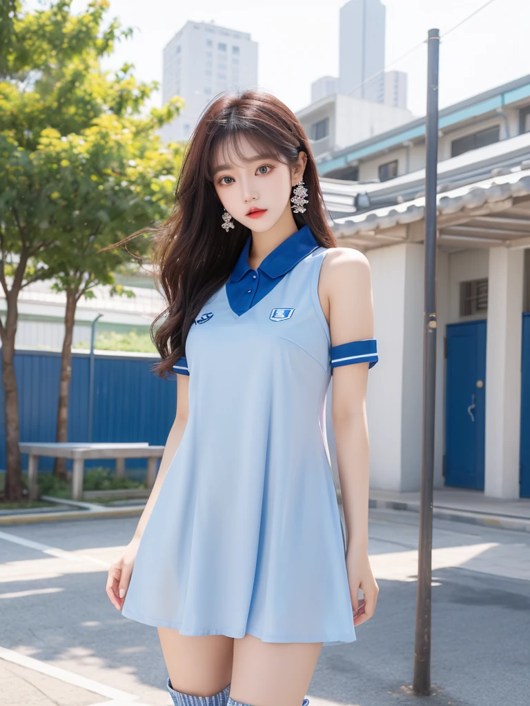 Beautiful woman wearing a blue white Wearing uniform korea style clothes mini dress with decorations on the shirt and visible shoulders and wearing boots and being photographed with a background And was standing in the school yard ,Korean style swag, beautiful face so gorgeous, Beautiful eyes, y2k style,