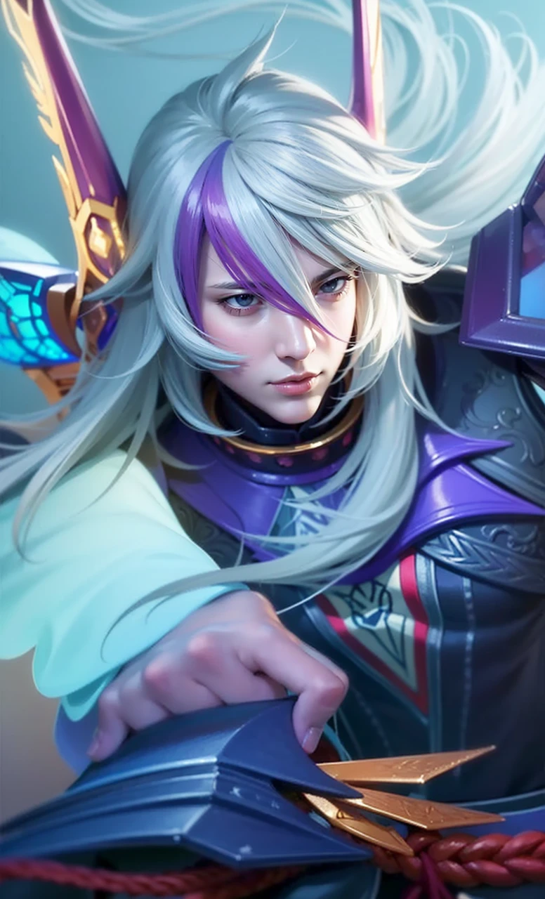 a close up of a person holding a sword in a room, masculine male, masterpiece, ((perfect eyes)) best quality, (semirealism:1.9), beautiful lighting, (extremely detailed CG unity 4k fhd wallpaper), High Detail, Sharp focus, dramatic outdoors, 1 boy ,19 years old, light purpel eyes, 8k, ultra hd, ultra detailed texture, hyper realistic, masterpiece, detailed texture, detailed face, detailed skin, detailed lighting, (photorealistic:1.5), best quality, beautiful lighting, cinematic lighting, professional lighting, ultra highres, realistic, detailed hair, real hair, high quality, (realskin:1.5), extremely detailed, finely detail, ultra-detailed, glare.