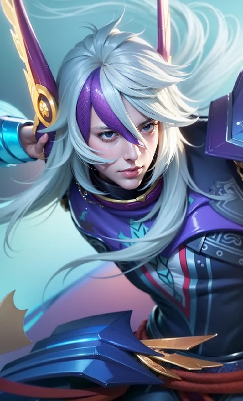 a close up of a person holding a sword in a room, masculine male, masterpiece, ((perfect eyes)) best quality, (semirealism:1.9), beautiful lighting, (extremely detailed CG unity 4k fhd wallpaper), High Detail, Sharp focus, dramatic outdoors, 1 boy ,19 years old, light purpel eyes, 8k, ultra hd, ultra detailed texture, hyper realistic, masterpiece, detailed texture, detailed face, detailed skin, detailed lighting, (photorealistic:1.5), best quality, beautiful lighting, cinematic lighting, professional lighting, ultra highres, realistic, detailed hair, real hair, high quality, (realskin:1.5), extremely detailed, finely detail, ultra-detailed, glare.