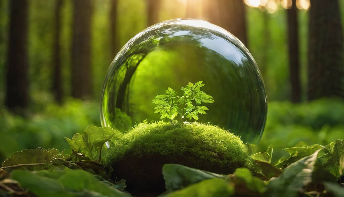 The image shows a glass globe resting on dense, green vegetation, in an environment that appears to be a forest or a very green and natural area. A luz do sol penetra pelas folhas, creating reflections and points of light on the glass globe. The atmosphere is one of freshness and vitality, highlighting the beauty and importance of nature and sustainability.