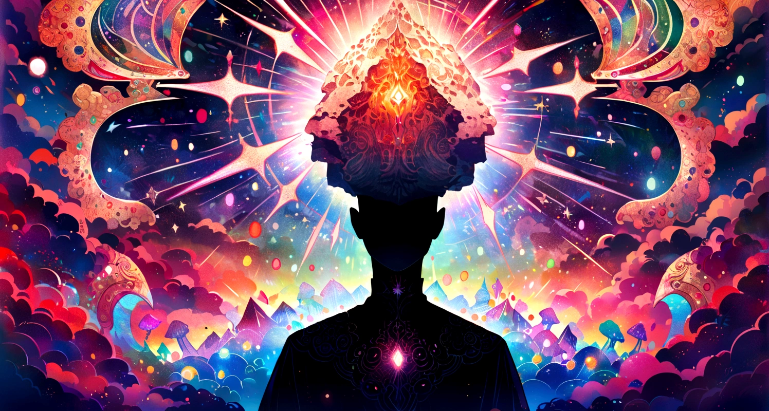 a person silhouette , stone, Texture, detailed, Tall, Majestic, The background is illuminated by sunlight and clouds，inverted image, colourful lights coming ou from the head, showing elevated spirituality