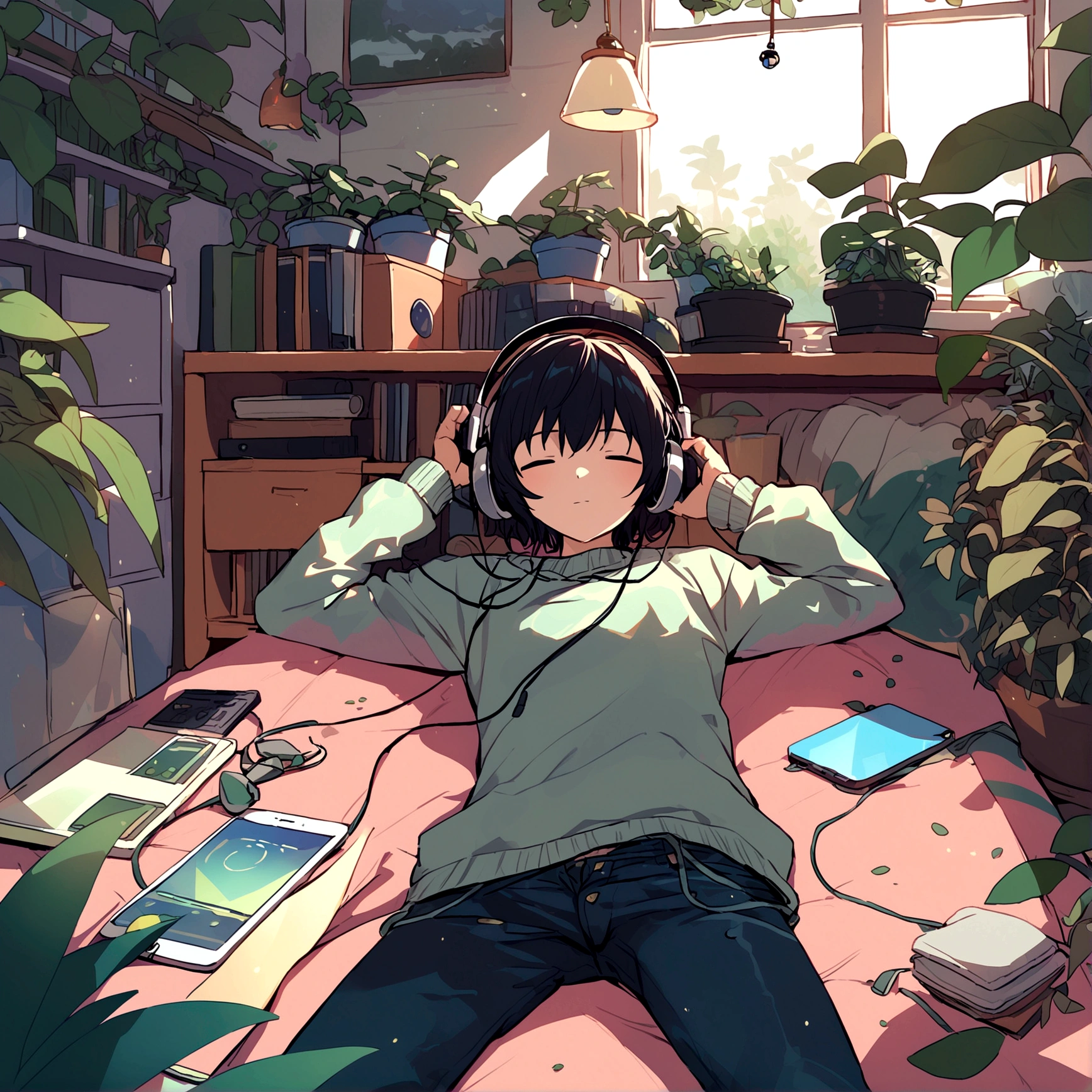 a boy lying in his room in jeans and a sweater with lots of plants around him and listening to music on headphones
