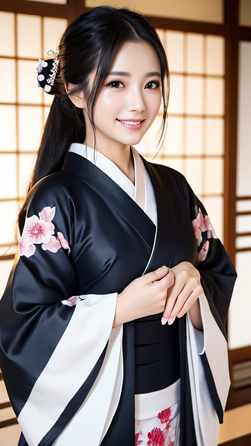 (Super beautiful woman in kimono)、((highest quality、8K masterpiece:1.harp focus:1.2、(subeautiful face:1.0)、(shiny skin:1.0)、realistic pictures、black hair、video lighting、High resolution eyes and face、video lighting、japanese actress、from the front、with a happy smile、whole body、wearing a kimono、in Kyoto、(luxury obi)、Brush hair up with fingers.