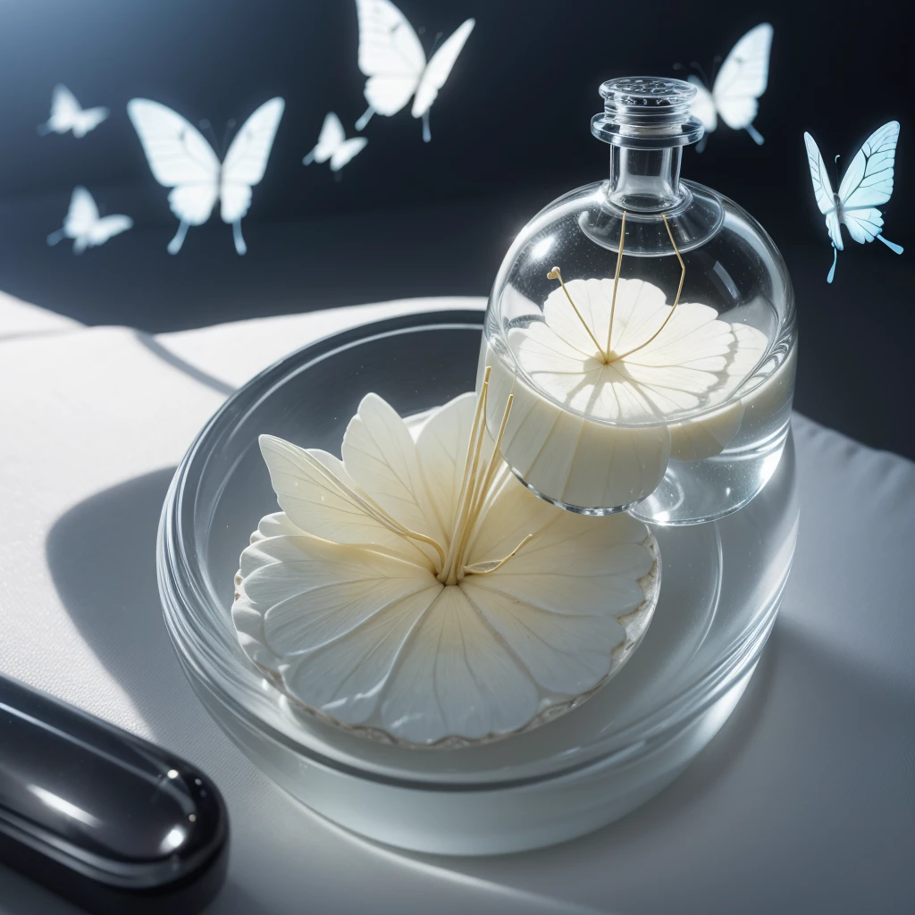 Butterflies coming out of perfume bottle, minimalist and delicate