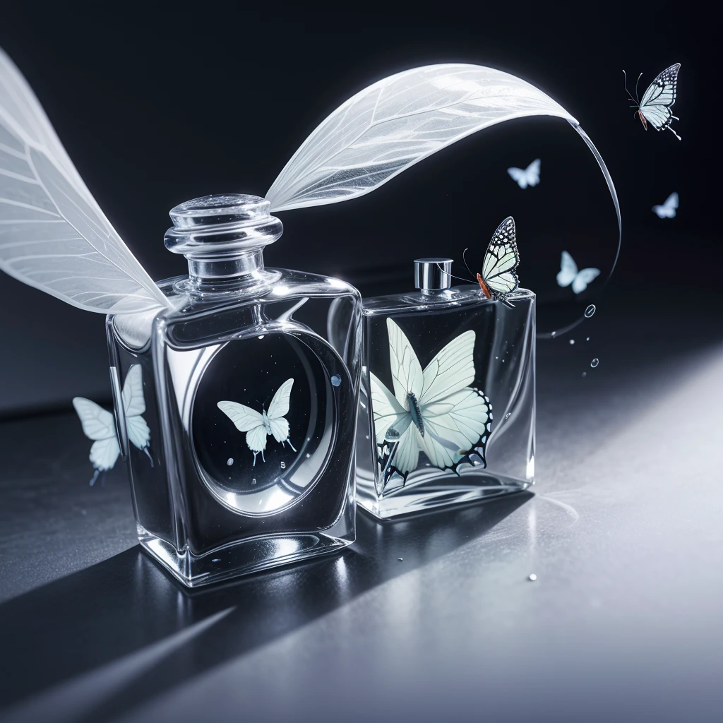 Butterflies coming out of perfume bottle, minimalist and delicate