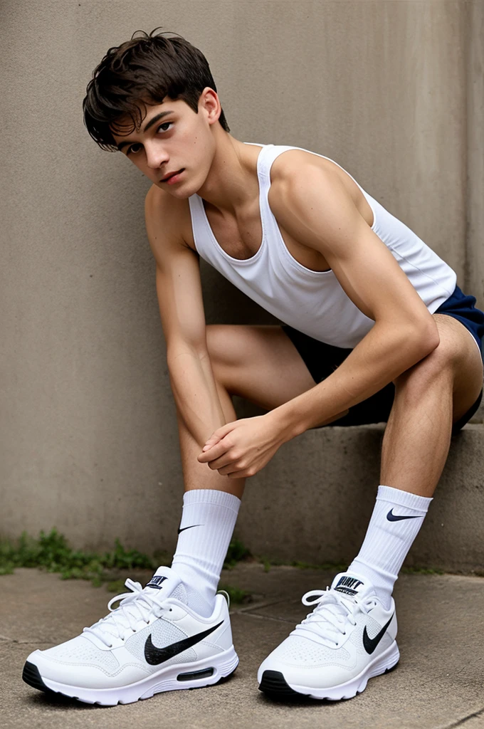 Young person，Handsome，musculous，hairy bodies，athletic sneakers，White  socks，（Detailed eyes：1.3），Black eyes，full bodyesbian，
