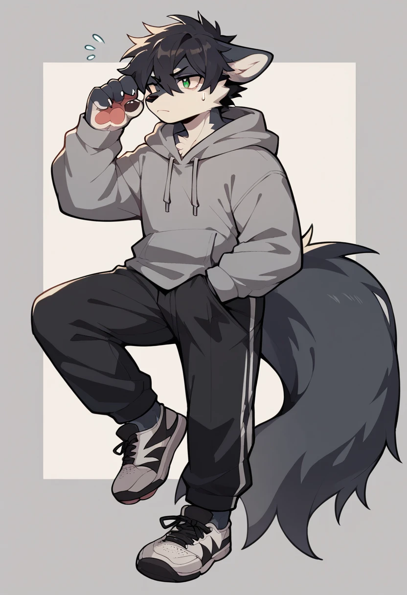 Anthromorphic wolf, clothing: grey hoodie, black sweatpants, black Nike shoes. Appearance: messy tufts of hair, big tail, paws for hands.