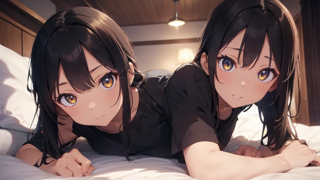 best god quality, Ultra-detailed, perfect Anatomy, (((NO SUNLIGHT))), (((ITS NIGHT TIME))), (Draw a girl laying in a hotel bed), (lights are off), dark room, room is dark, 1girl, is a soft beautiful tan girl, wearing black pajama shorts, dark skin girl, tan line skin, (dark skin*2), (black + short wavy hair*1.2), Full limbs, complete fingers, groin, Beautiful gold eyes, yellow eyes, well-proportioned tan girl, smug eyes, black pajama shirt, dark pajama bottoms, in a dark hotel room, High resolution, Best lighting by professional AI, hotel room, lights are off, looking at viewer, (((One girl in middle))), (((SOLO))), (they are laying down in bed) ((bed sheets over body))
