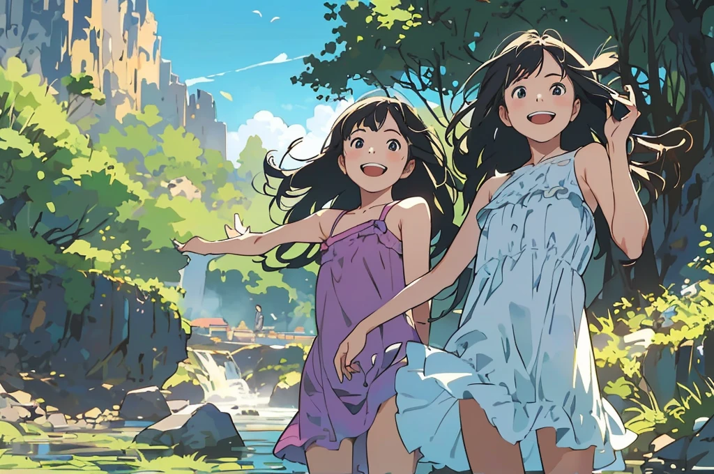 Reasonable design, Clear lines, High Sharpness, (Highest quality,8K,Perfect sharpness,Ultra fine,High resolution,masterpiece:1.2), Perfect Anatomy:1.5, Official Art, Illustrations that tell a story, (Whitish background:0. 9)、Body Positivity、多Mr.な身体表現、(Random and energetic poses)、Perfect beauty、Perfect beautiful face、Strong winds、A rich expression、Dynamic composition、smile、Golden ratio composition、colorful、((Mr.々Different angles and perspectives))、Anime Art、(Mini dress)、(Overcoming stereotypes)、 Glowing Skin、(Natural beauty)、smile、Bangs、(Soft and flowing hair)、(countryside)、(Nostalgic atmosphere)、Put up to your feet、(Playful and carefree)、(多Mr.な民族のキャラクター)、(innocent attitude)、(Sunny atmosphere)、(The skirt flutters wildly in the wind)、(Bright colors)、Beautiful Eyes、(Embarrassing)、Braided Hair、Summer Scene、Smiling among flowers、Angle from below、