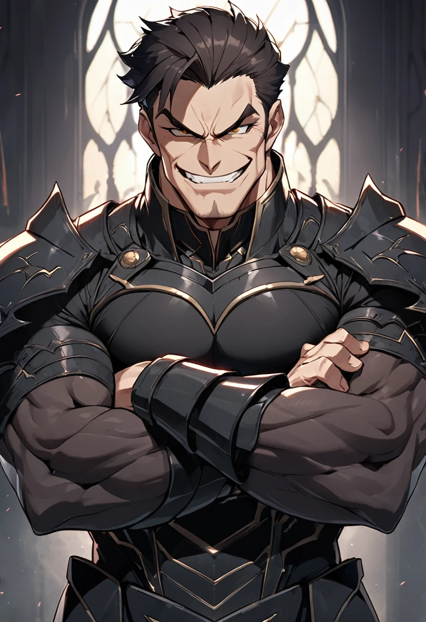 Dark hair, mature male, Short hair upright, Drak black armor, crossed arms, muscular body, evil smirk, chad face, evil smile