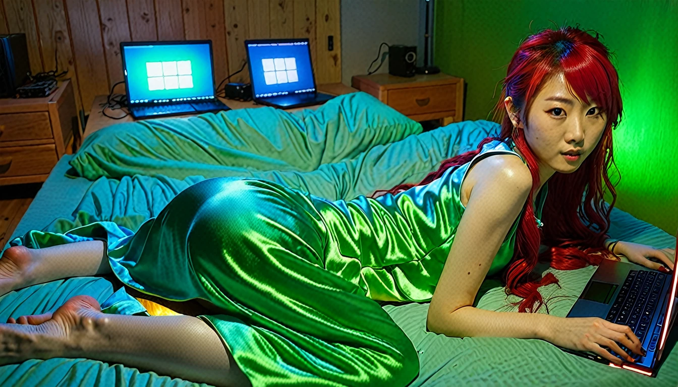 Uhd, photo of Cami, subject: Noriko, 1/2 Japanese 1/2 Hainu skinny girl with long red hair lying in a bed using the lit portable computer placed in front of her on the bed, viewed from behind, blue+++ eye, LGBTQIA+, queer, punk style, wearing green long nightgown. Background: wooden bedroom.