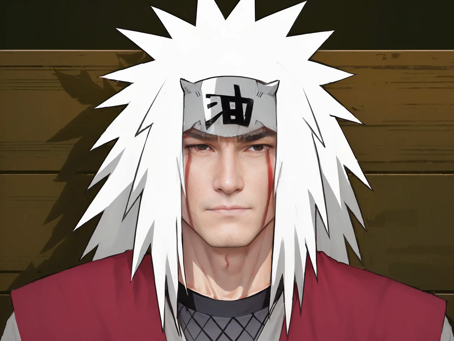 a man 55 years old expected white hair, a headband with a symbol that resembles a leaf and red marks on his face. The character is wearing a gray and black shirt with a red piece over one shoulder. The expression on the character's face is serious and austere.