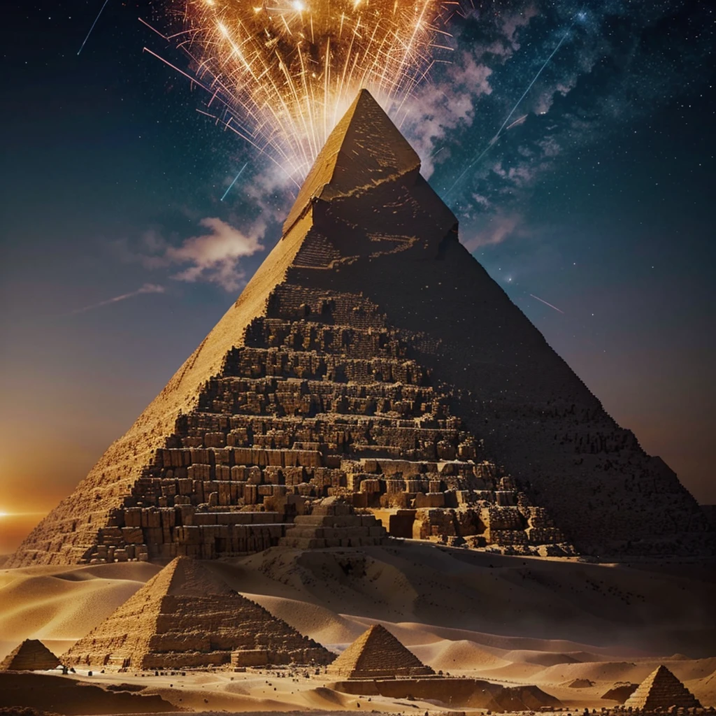 Create the pyramids of Giza ad if they were just built this year. Depict what the pyramids would have liked like before weathering. Add some photos of the Annunaki gods coming from ghd sky. King tuttanhamans pyramid with electricity coming from the top of it.