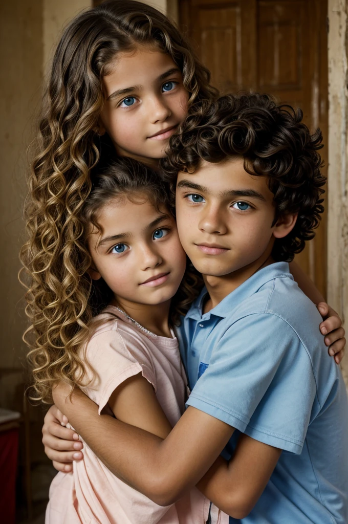 14 years old teenager girl with blue eyes, Blondie curly long hair hugging a boy who is 14 too, he has short black hair and light brown skin, they are in an orphanage 