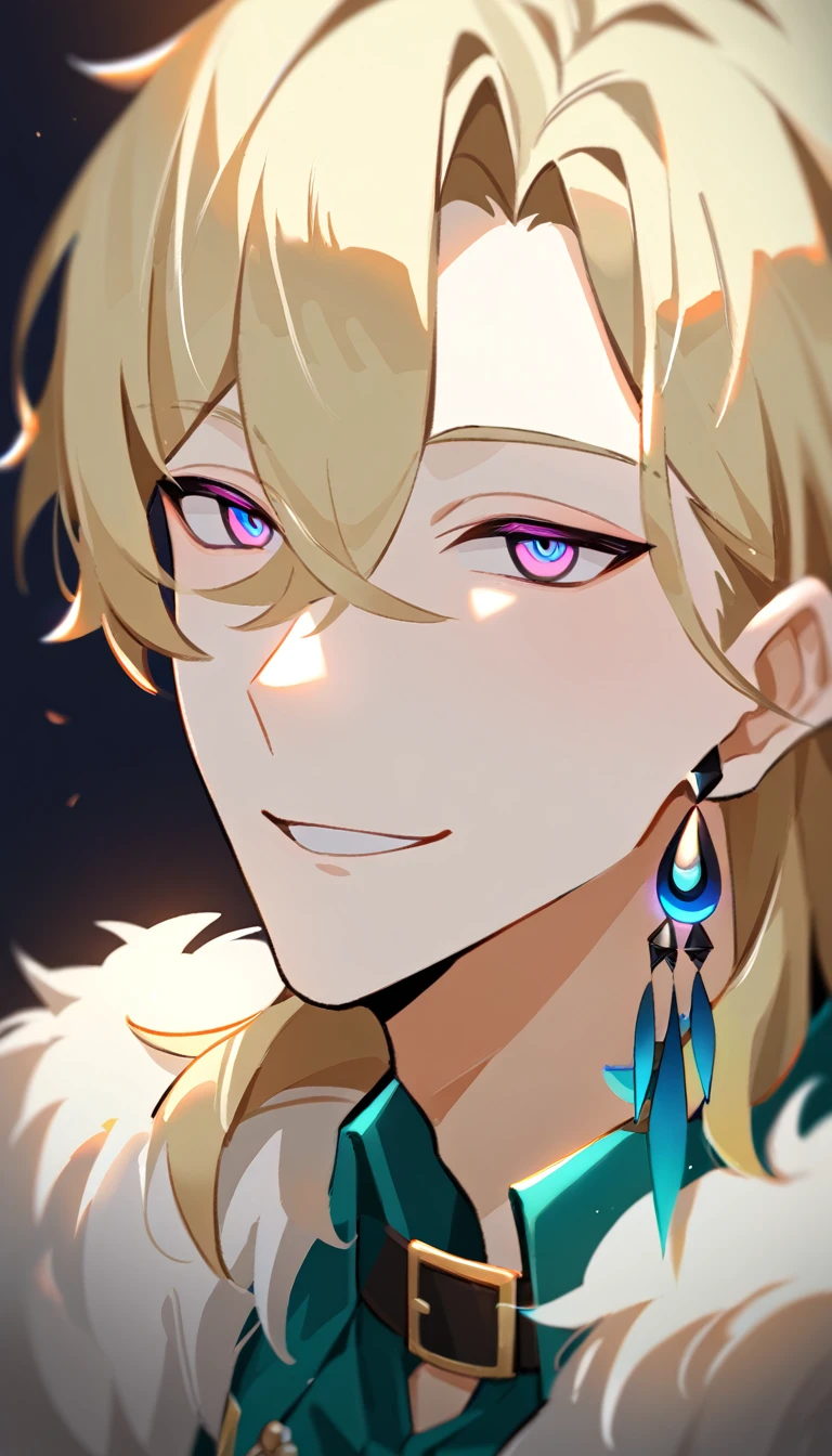 ((в профиль)) (1boy, solo, solo focus), смеется, male focus, bishounen, pale skin, aventurine, blonde hair, medium hair, (two-tone eyes, purple eyes, blue eyes), (perfect face, perfect eyes:1.2), seductive smile, BREAK, (portrait:1.2), indoors, simple background