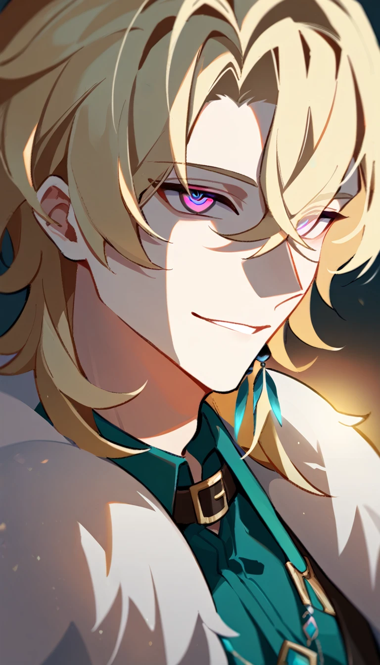 ((в профиль)) (1boy, solo, solo focus), смеется, male focus, bishounen, pale skin, aventurine, blonde hair, medium hair, (two-tone eyes, purple eyes, blue eyes), (perfect face, perfect eyes:1.2), seductive smile, BREAK, (portrait:1.2), indoors, simple background