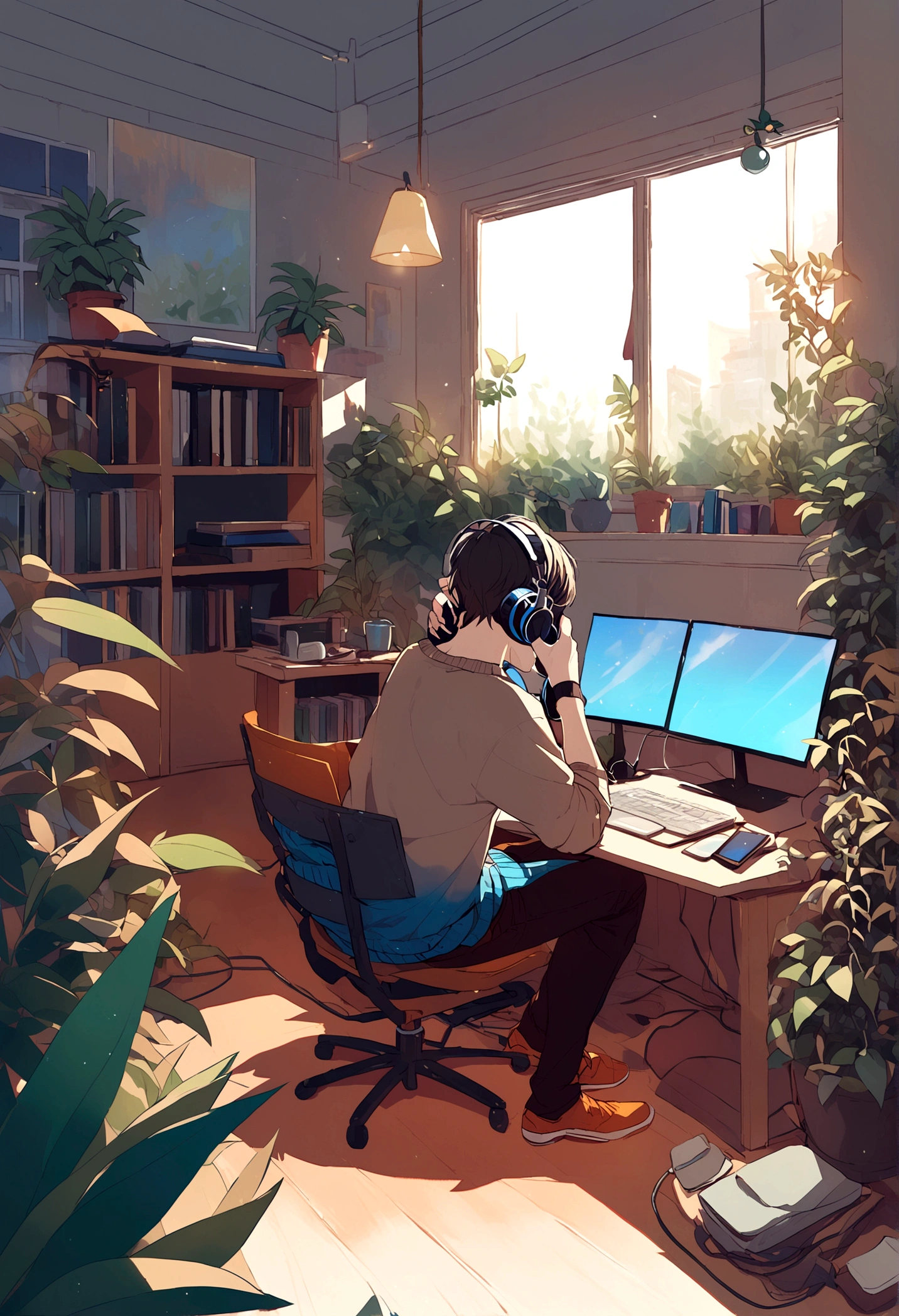 a boy lying in his room in jeans and a sweater with lots of plants around him and listening to music on headphones