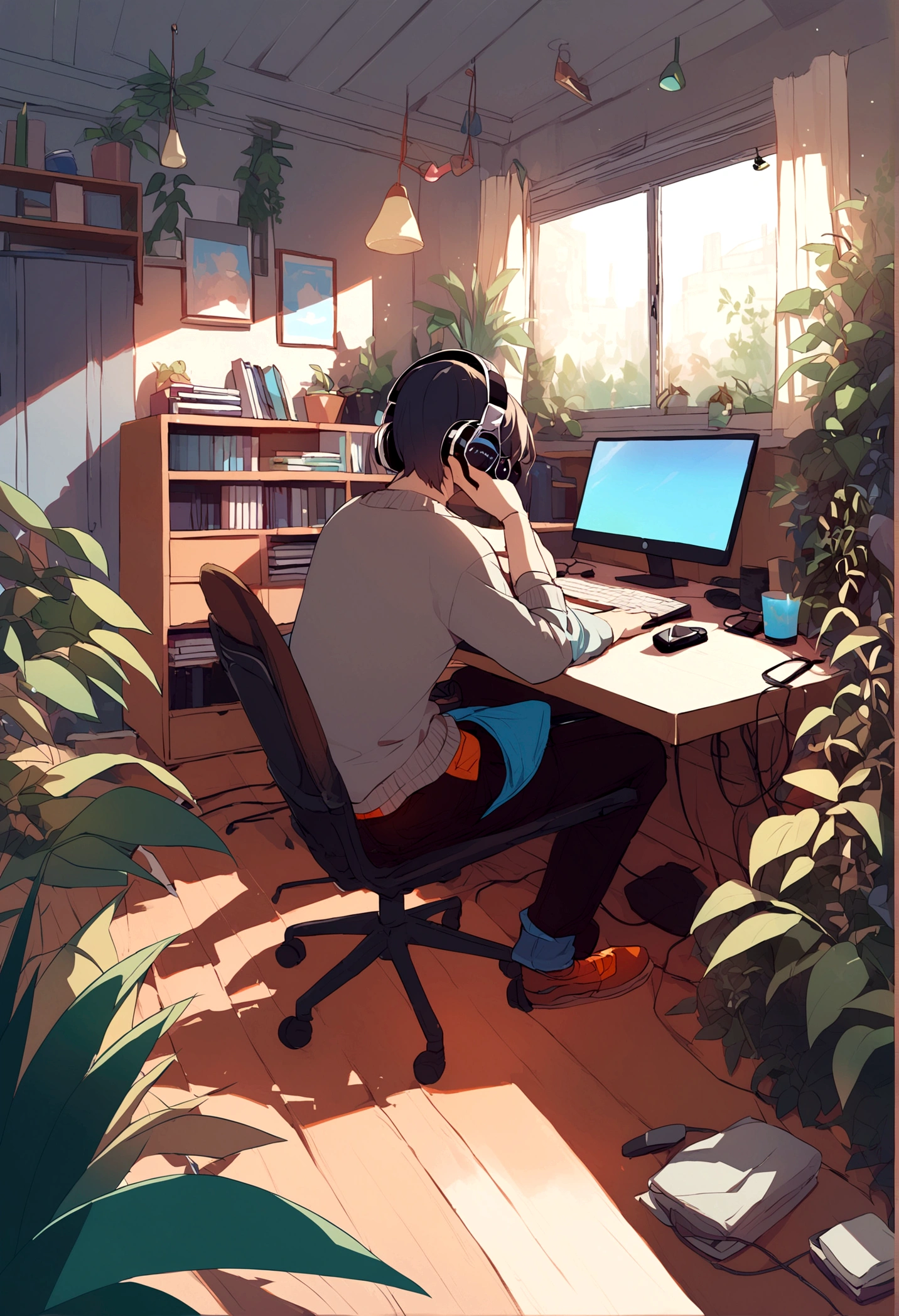a boy lying in his room in jeans and a sweater with lots of plants around him and listening to music on headphones
