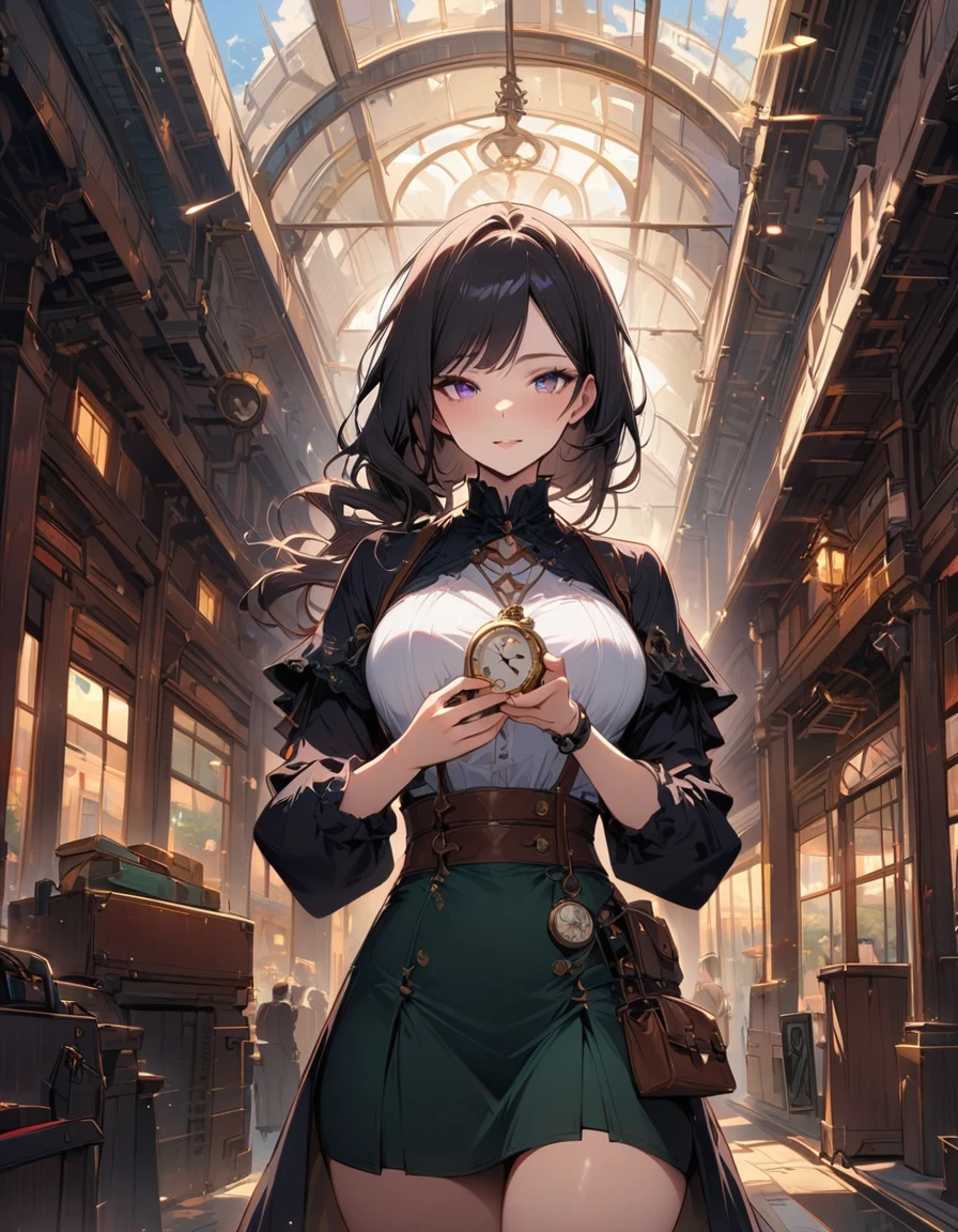 SteamPunk AI, one woman, a traveler, looks at a pocket watch in her hand, in the background is a railway station under a huge roof. top quality, masterpiece, beautiful