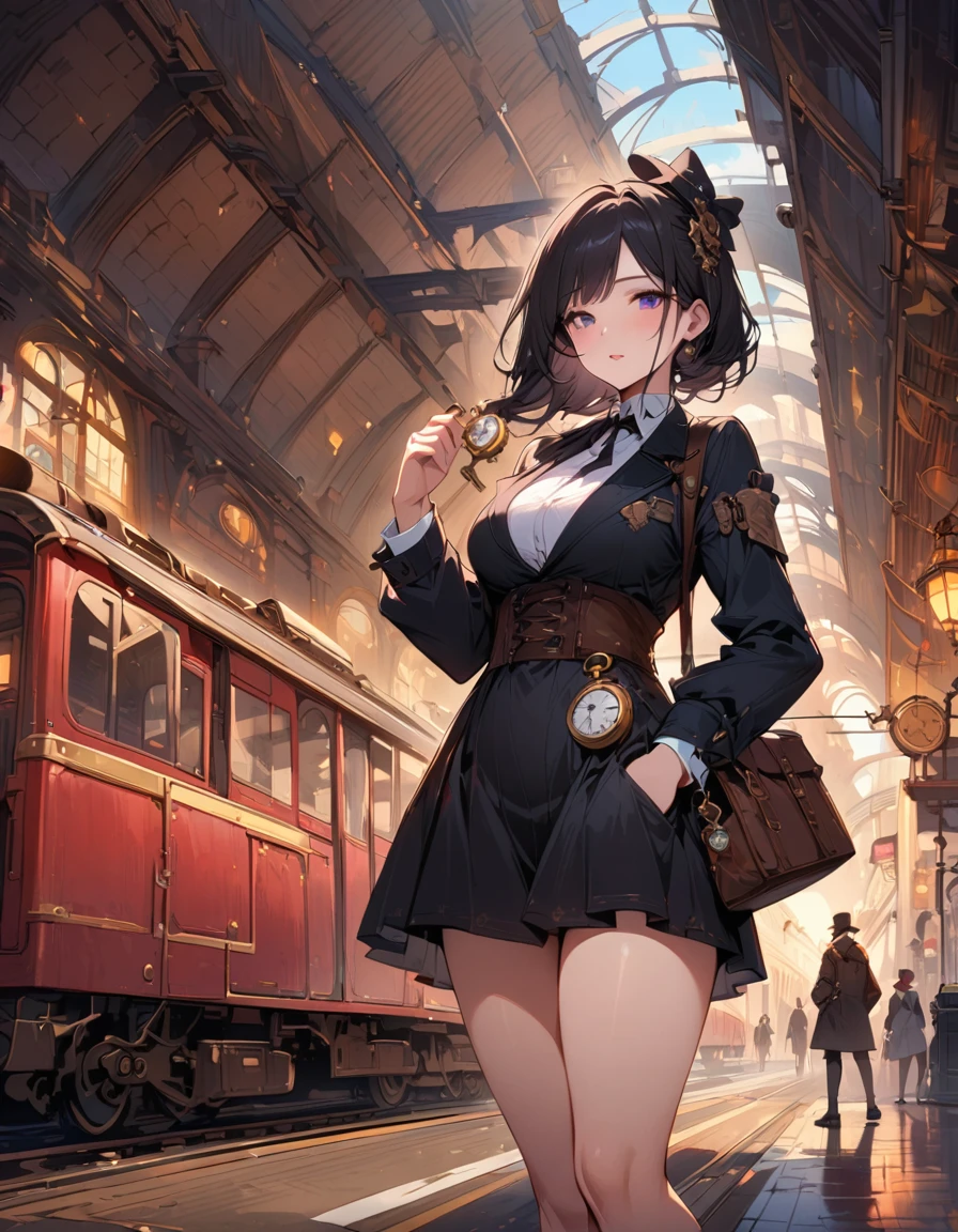 SteamPunk AI, one woman, a traveler, looks at a pocket watch in her hand, in the background is a railway station under a huge roof. top quality, masterpiece, beautiful