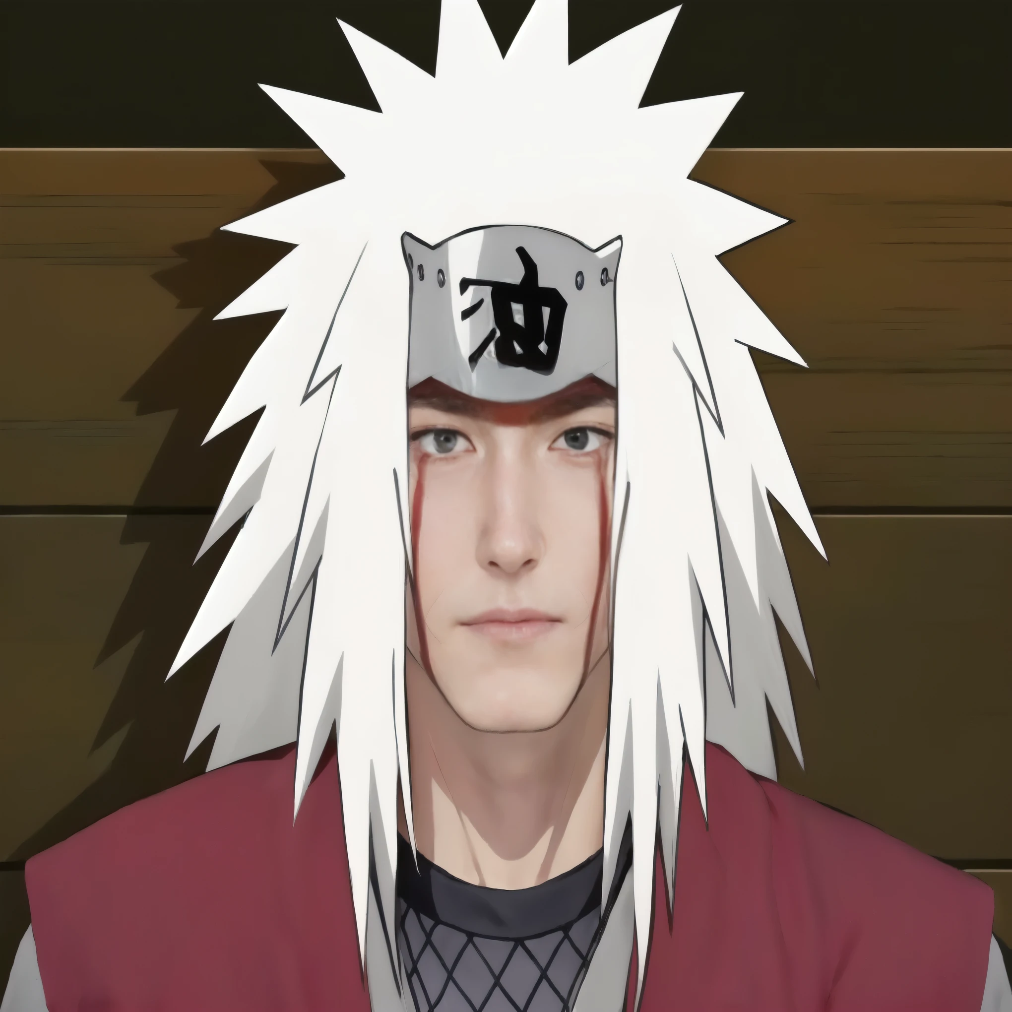 a man 55 years old expected white hair, a headband with a symbol that resembles a leaf and red marks on his face. The character is wearing a gray and black shirt with a red piece over one shoulder. The expression on the character's face is serious and austere.