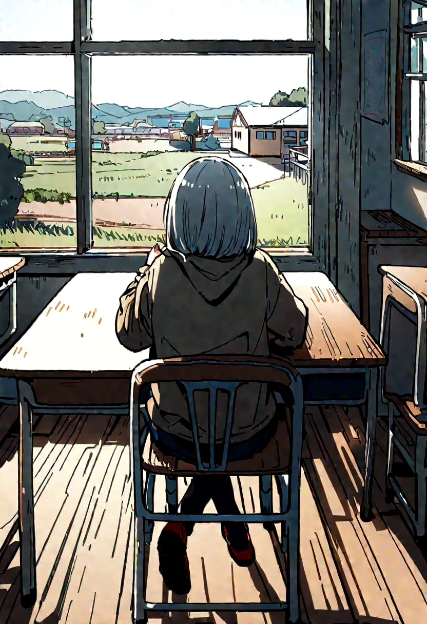 One Girl、Around 20 years old、An illustration、countryside、School、classroom、Window、Sit on a chair