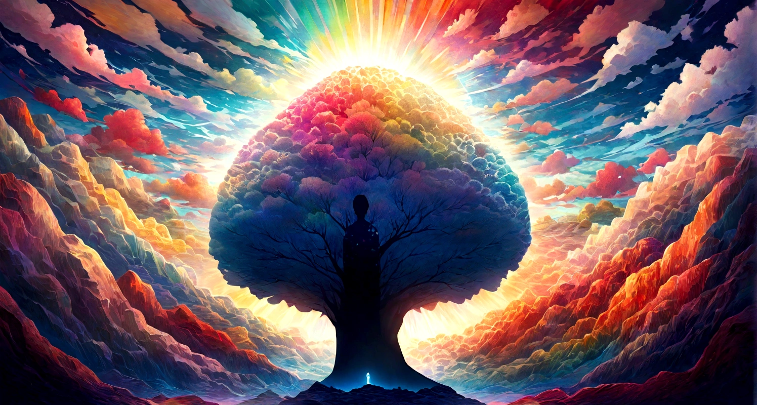 a person silhouette , stone, Texture, detailed, Tall, Majestic, The background is illuminated by sunlight and clouds,inverted image, colourful rays coming ou from the head, showing elevated spirituality, surrealism, color patterns