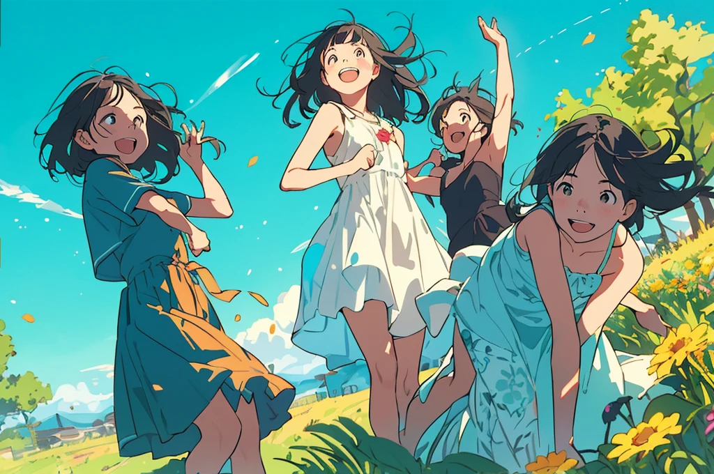 Reasonable design, Clear lines, High Sharpness, (Highest quality,8K,Perfect sharpness,Ultra fine,High resolution,masterpiece:1.2), Perfect Anatomy:1.5, Official Art, Illustrations that tell a story, (Whitish background:0. 9）、Body Positivity、多Mr.な身体表現、（Random and energetic poses）、Perfect beauty、Perfect beautiful face、Strong winds、A rich expression、Dynamic composition、smile、Golden ratio composition、colorful、（(Mr.々Different angles and perspectives)）、Anime Art、(Mini dress)、（Overcoming stereotypes）、 Glowing Skin、（Natural beauty）、smile、Bangs、（Soft and flowing hair）、（countryside）、（Nostalgic atmosphere）、Put up to your feet、（Playful and carefree）、（多Mr.な民族のキャラクター）、（innocent attitude）、（Sunny atmosphere）、(The skirt flutters wildly in the wind)、（Bright colors）、Beautiful Eyes、(Embarrassing)、Braided Hair、Summer Scene、Smiling among flowers、Angle from below、