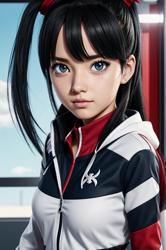 Screenshot my hero academia girl with half white and half black hair the ua uniform her eyes are red.