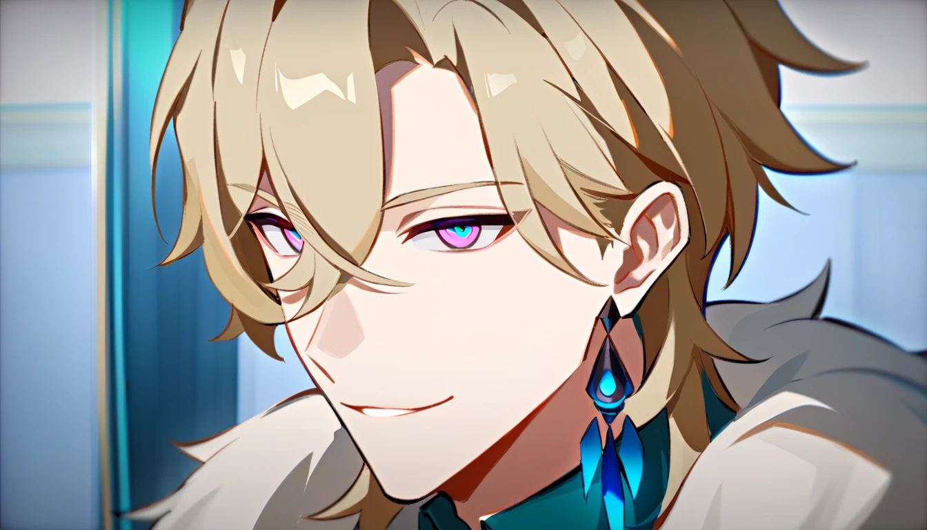 ((в профиль)) (1boy, solo, solo focus), смеется, male focus, bishounen, pale skin, aventurine, blonde hair, medium hair, (two-tone eyes, purple eyes, blue eyes), (perfect face, perfect eyes:1.2), seductive smile, BREAK, (portrait:1.2), indoors, simple background, казино, монеты