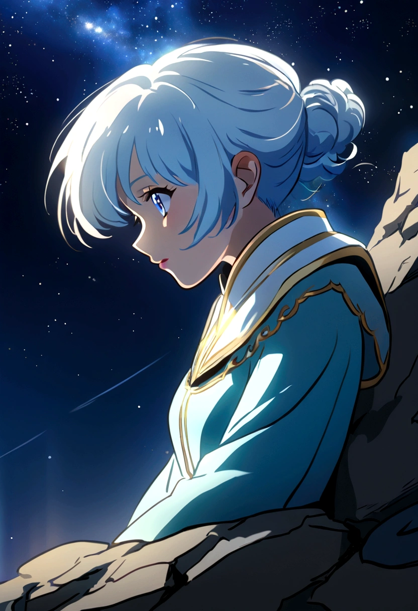 One Girl、 anime, anime style, Chiaroscuro, Depth of written boundary, Motion Blur, Ultra-high resolution, Attention to detail, high quality, Sitting on a cliff with a clear blue starry sky as a backdrop、Profile close-up