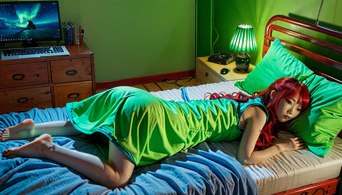 Uhd, photo of Cami, subject: Noriko, 1/2 Japanese 1/2 Hainu skinny girl with long red hair lying in a bed using the lit portable computer placed in front of her on the bed, viewed from behind, blue+++ eye, LGBTQIA+, queer, punk style, wearing green long nightgown. Background: wooden bedroom.