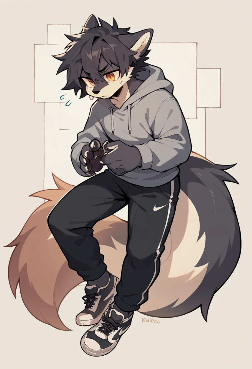 Anthromorphic wolf, clothing: grey hoodie, black sweatpants, black Nike shoes. Appearance: messy tufts of hair, big tail, paws for hands.