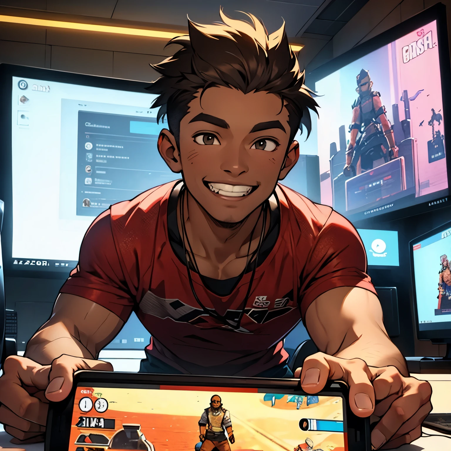 Home Dharlon, age 28 years, brown skinned,, little hair, playing video game, Grinning, style cartoon