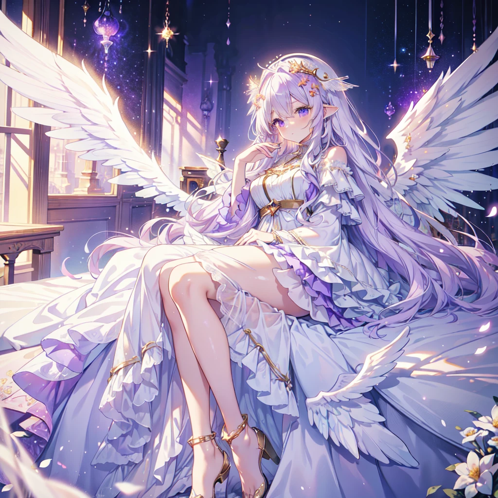 highest quality, Extremely detailed, beautiful, exquisite, 16k, Full HD, ((sleep)),(sleep in bed),disorganized,(flower garden,Please sleep on your side),((Sparkling and soft layered dress)),A large and beautiful dress inspired by rose flowers, Hanabubuki,The screen is surrounded by flowers,frills,Intricate billowing ball gown with rhinestones,(art station, fantasy art:1.2), pastel colour,((giant white angel wings:1.5))、gradient hair, long white hair, wavy hair,fluffy hair,tiara,anklet,purple eyes, long eyelashes, beautiful purple eyes,pale pink cheeks,golden hour, dazzling light, warm lighting,bright light,romantic light,1 female