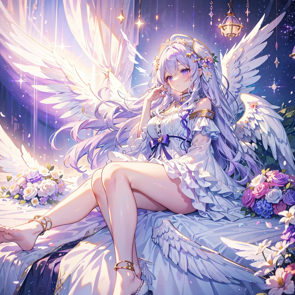 highest quality, Extremely detailed, beautiful, exquisite, 16k, Full HD, ((sleep)),(sleep in bed),disorganized,(flower garden,Please sleep on your side),((Sparkling and soft layered dress)),A large and beautiful dress inspired by rose flowers, Hanabubuki,The screen is surrounded by flowers,frills,Intricate billowing ball gown with rhinestones,(art station, fantasy art:1.2), pastel colour,((giant white angel wings:1.5))、gradient hair, long white hair, wavy hair,fluffy hair,tiara,anklet,purple eyes, long eyelashes, beautiful purple eyes,pale pink cheeks,golden hour, dazzling light, warm lighting,bright light,romantic light,1 female