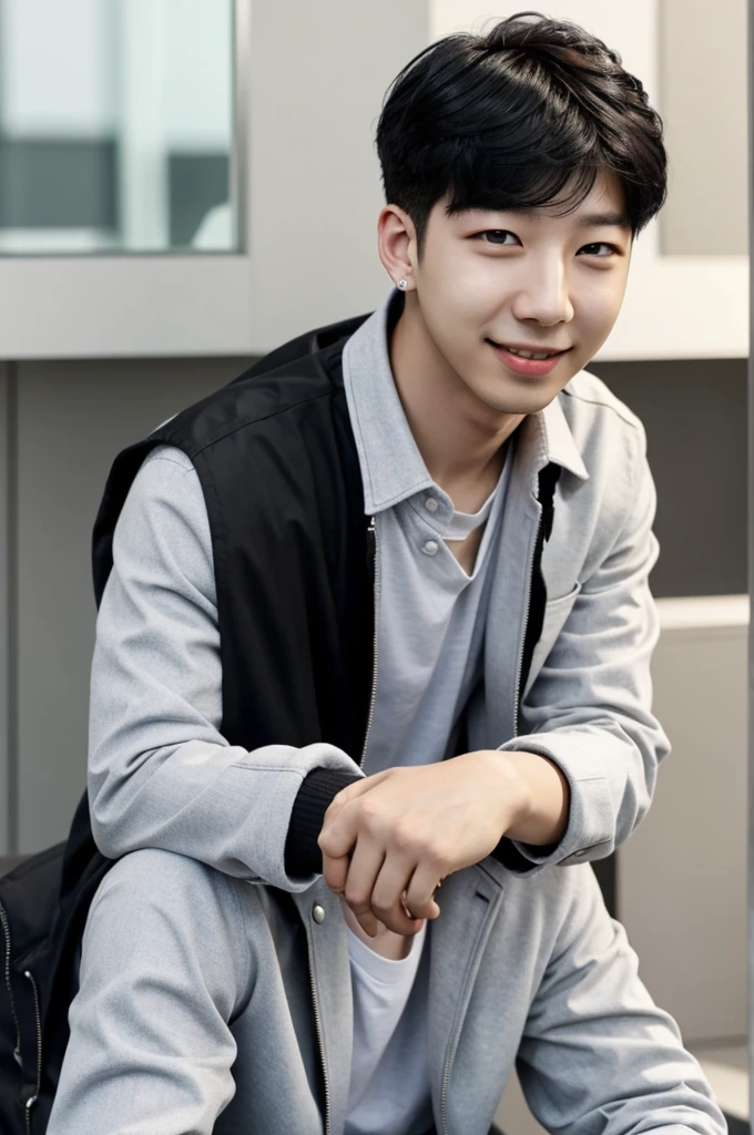 Namjoon with black hair, with a small smile, being serious but giving the air of a charismatic person.