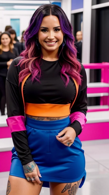 Demi Lovato dressed in a long-sleeved shirt and brightly colored thong and smiling sexy.