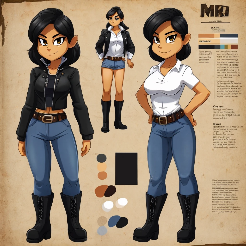 Female _____ wearing a black jacket, a white shirt, jeans, boots, and a belt around her waist.
cartoon style, character reference sheet