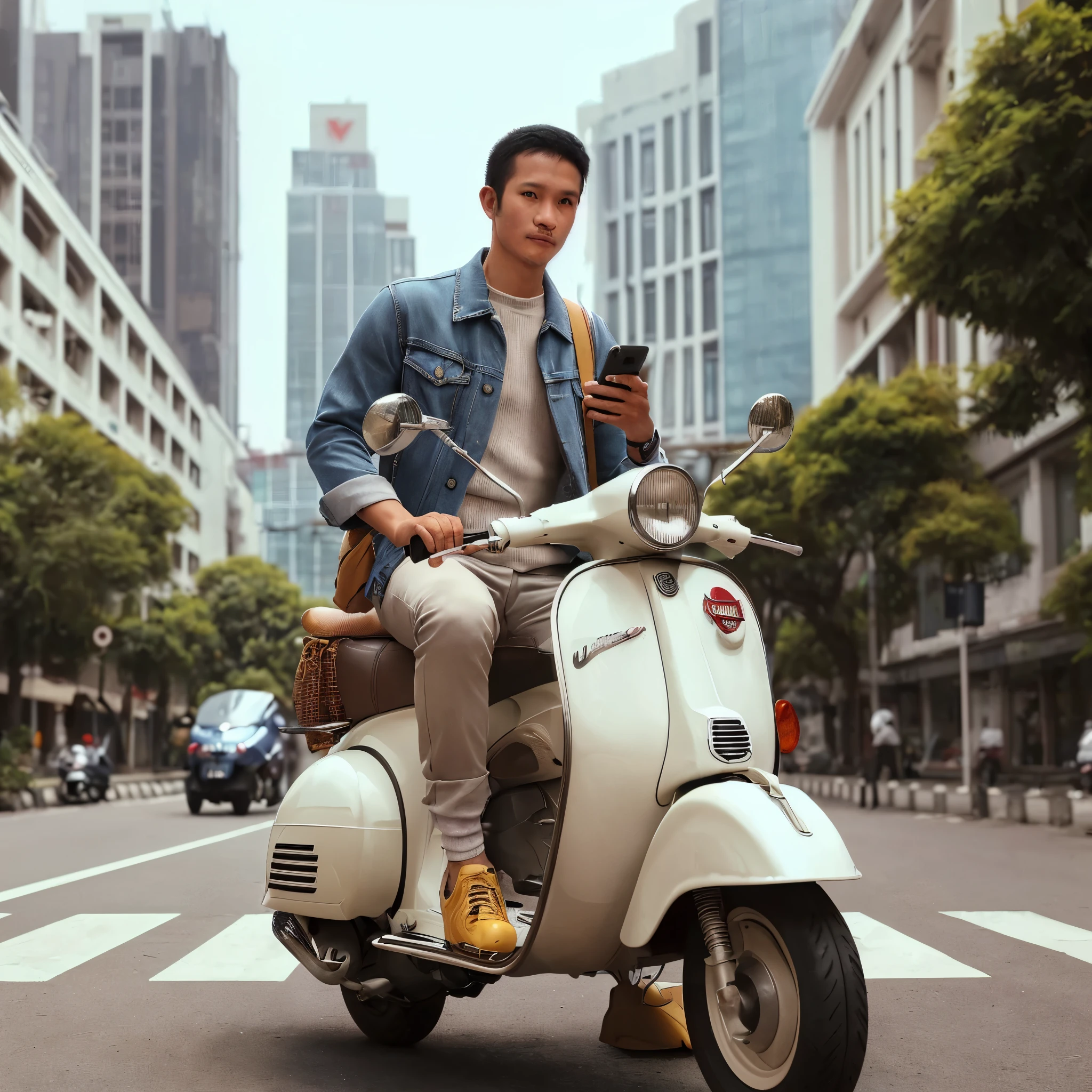 outdoor photo, an Indonesian man, riding a vespa scooter, wearing casual relaxed clothes, empty city street background, realistic, best photography result, UHD, 32K