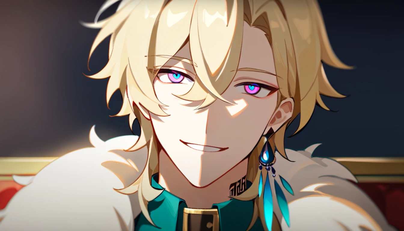 ((в профиль)) (1boy, solo, solo focus), смеется, male focus, bishounen, pale skin, aventurine, blonde hair, medium hair, (two-tone eyes, purple eyes, blue eyes), (perfect face, perfect eyes:1.2), seductive smile, BREAK, (portrait:1.2), indoors, simple background, казино, монеты