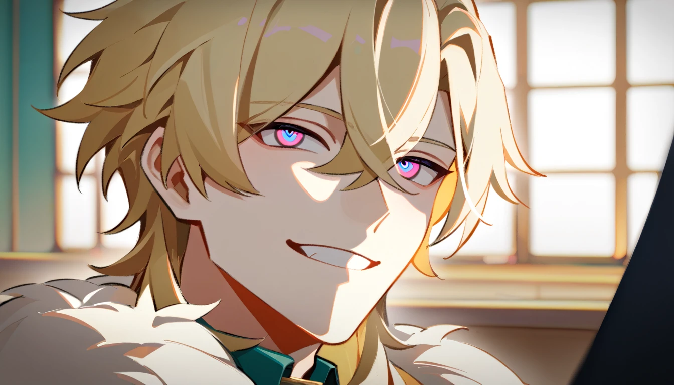 ((в профиль)) (1boy, solo, solo focus), смеется, male focus, bishounen, pale skin, aventurine, blonde hair, medium hair, (two-tone eyes, purple eyes, blue eyes), (perfect face, perfect eyes:1.2), seductive smile, BREAK, (portrait:1.2), indoors, simple background, казино, монеты