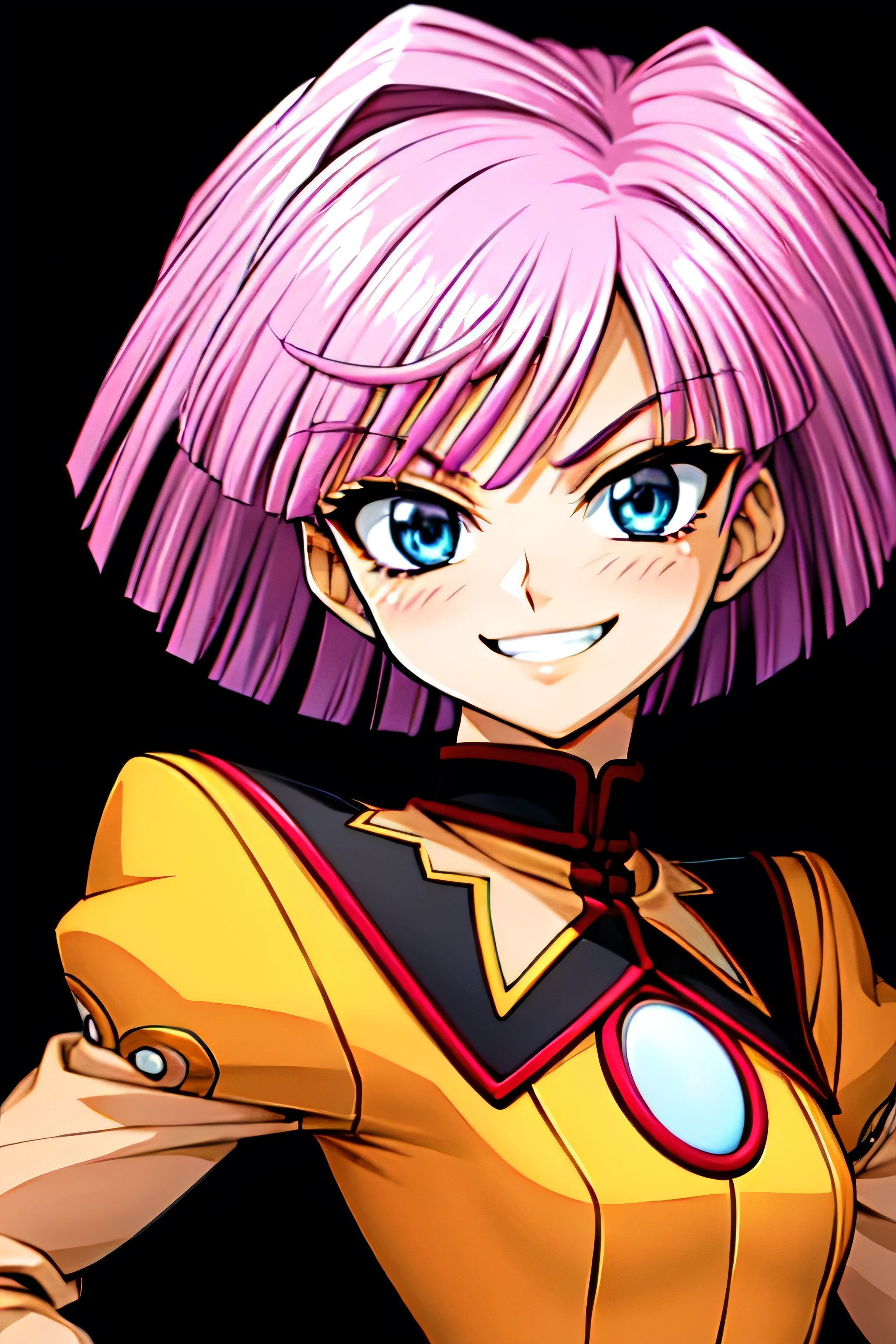 (best_quality 4K, 8K, High resolution, Masterpiece: 1.2), ultra detailed),from_below,(anime_screencap),(1girl,solo),dynamic_angle,too evil_smile,too evil laugh at,tis,deep shaded_face,too sadistic,smile worst,,bob short  hair,,,looking at viewer,upper body,black background,too worst smile,too bad smile,