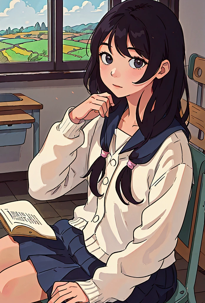 One Girl、Around 20 years old、An illustration、countryside、School、classroom、Window、Sit on a chair