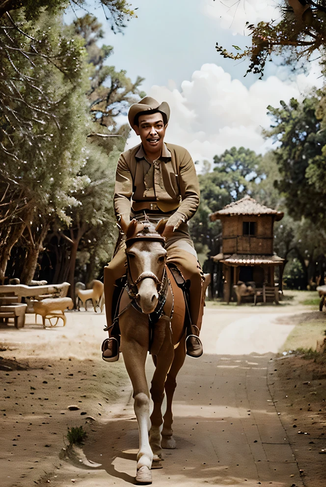 cantinflas riding a horse in a forest