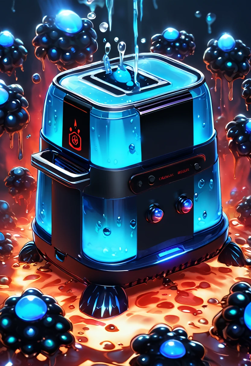 a closeup of a blue toaster with a molecule on top, obsidian slime with red color, dueling style, Mysterious black slime, made with iridescent molecules, Transparent blue jelly, Arcane Style Bomb, luminous water elemental, blue fire powers, Bioluminescent skin!, gelatinous, water armor, open synthetic maw, toxic slime