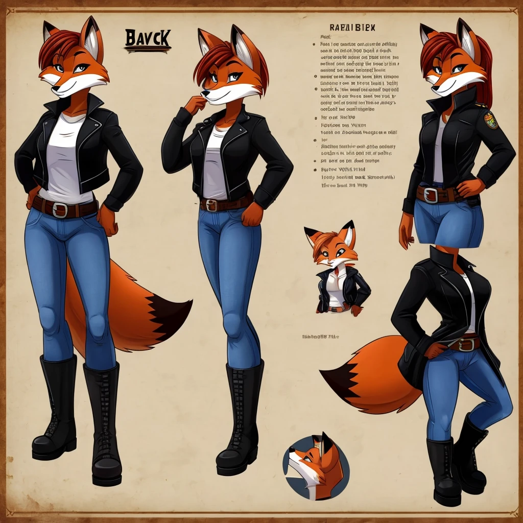 Female fox wearing a black jacket, a white shirt, jeans, boots, and a belt around her waist.

cartoon style, character reference sheet