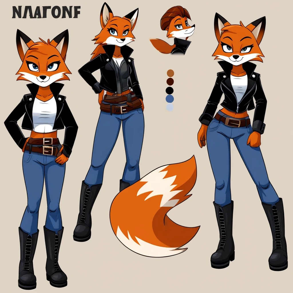 Female fox wearing a black jacket, a white shirt, jeans, boots, and a belt around her waist.

cartoon style, character reference sheet